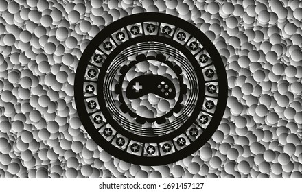 icono del videojuego dentro de una placa oscura con fondo de burbujas. Ilustración vectorial. Detallado.