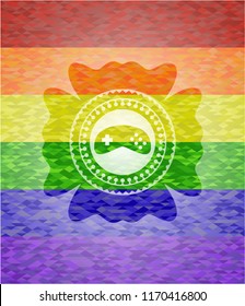 video game icon inside emblem on mosaic background with the colors of the LGBT flag