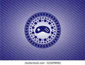 video game icon inside emblem with jean background