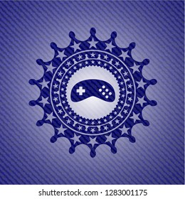 video game icon inside emblem with jean background