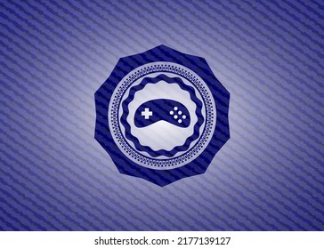 video game icon inside emblem with jean background. 