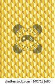 video game icon inside gold shiny badge. Scales pattern. Vector Illustration. Detailed.