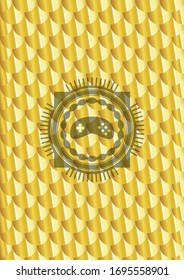video game icon inside gold badge or emblem. Scales pattern. Vector Illustration. Detailed.