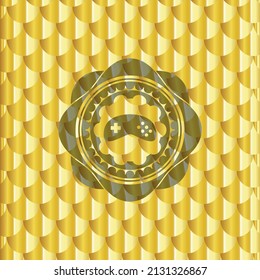 Videospiel-Symbol in Golden Button oder Emblem. Skaliert Muster. Vektorgrafik. Detaillierte Angaben. 