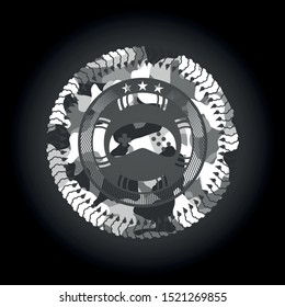 video game icon inside grey camouflaged emblem