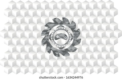 video game icon inside grey emblem. Vintage with geometric cube white background