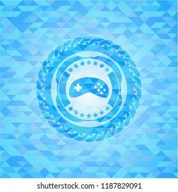 video game icon inside light blue emblem with triangle mosaic background