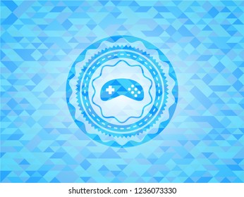 video game icon inside light blue emblem. Mosaic background