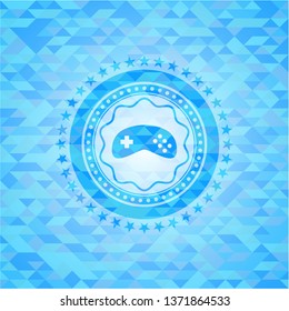 video game icon inside light blue emblem with mosaic background