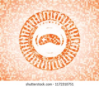 video game icon inside orange tile background illustration. Square geometric mosaic seamless pattern with emblem inside.