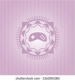 video game icon inside pink emblem