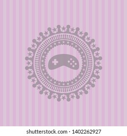 video game icon inside pink emblem