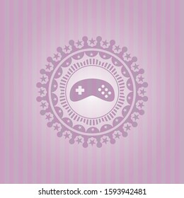 video game icon inside pink emblem. Retro