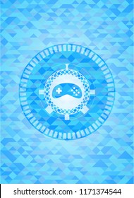video game icon inside realistic sky blue emblem. Mosaic background