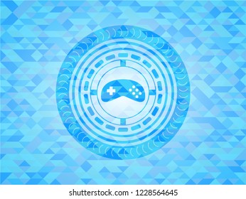video game icon inside realistic sky blue mosaic emblem
