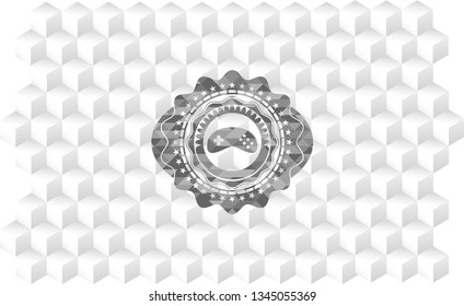 video game icon inside realistic grey emblem with cube white background