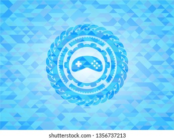 video game icon inside realistic light blue emblem. Mosaic background