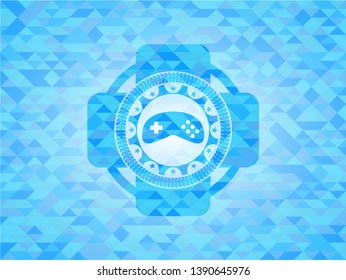 video game icon inside realistic sky blue emblem. Mosaic background