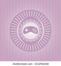 video game icon inside realistic pink emblem