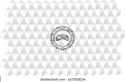 icono del videojuego dentro de un emblema gris realista con fondo blanco de cubo geométrico