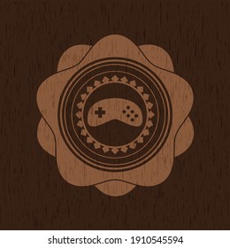 video game icon inside realistic wooden emblem. 