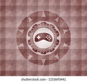 video game icon inside red emblem or badge with abstract geometric polygonal pattern background. Seamless.