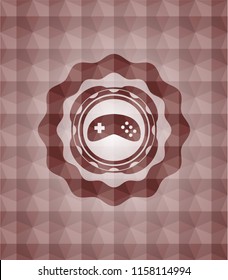 video game icon inside red badge with geometric pattern background. Seamless.