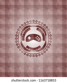video game icon inside red emblem or badge with abstract geometric pattern background. Seamless.
