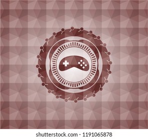 video game icon inside red geometric emblem.