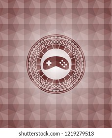 video game icon inside red emblem with geometric pattern background. Seamless.