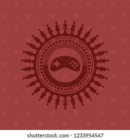 video game icon inside red emblem. Retro