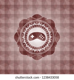 video game icon inside red seamless emblem or badge with geometric pattern background.