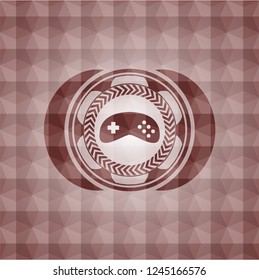 video game icon inside red emblem with geometric pattern background. Seamless.