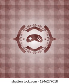 video game icon inside red seamless emblem or badge with geometric pattern background.