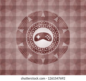 video game icon inside red seamless emblem or badge with geometric pattern background.