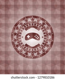 video game icon inside red emblem with geometric background. Seamless.