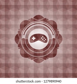 video game icon inside red seamless emblem or badge with abstract geometric polygonal pattern background.