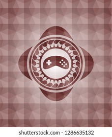 video game icon inside red seamless geometric pattern emblem. Seamless.