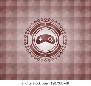video game icon inside red emblem with geometric background. Seamless.