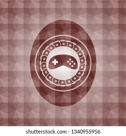 video game icon inside red badge with geometric pattern. Seamless.