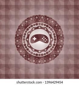 video game icon inside red emblem with geometric pattern. Seamless.