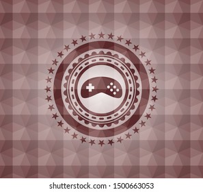 video game icon inside red seamless emblem with geometric pattern background.