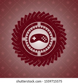 video game icon inside red emblem. Retro