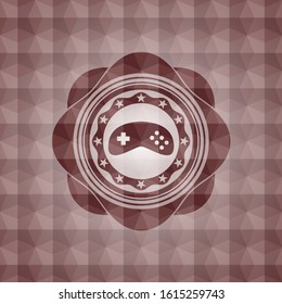 video game icon inside red seamless emblem or badge with geometric pattern background.