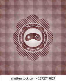 video game icon inside red seamless emblem with geometric pattern background. 
