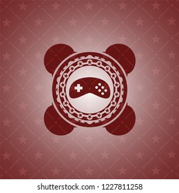 video game icon inside retro red emblem