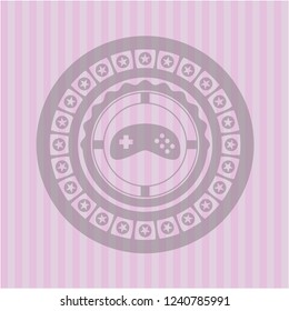 video game icon inside retro style pink emblem