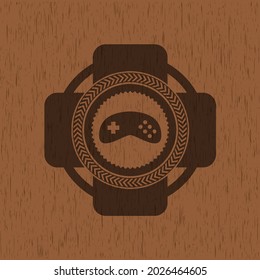 video game icon inside retro style wood emblem. 