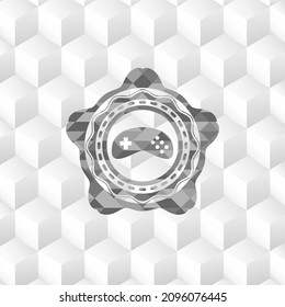 video game icon inside retro style grey emblem with geometric cube white background. 