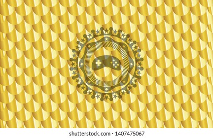 video game icon inside shiny golden emblem. Scales pattern. Vector Illustration. Detailed.
